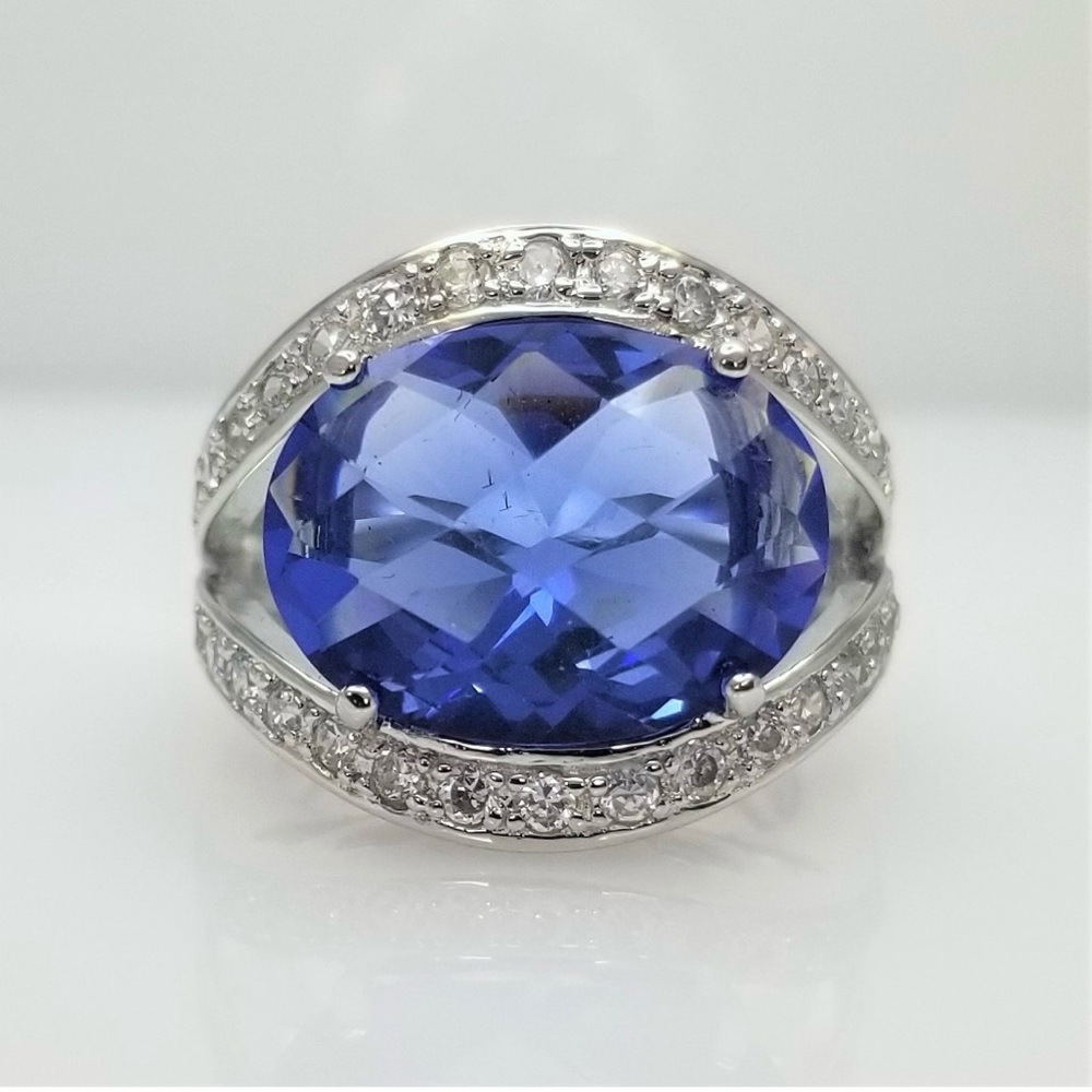 Sterling Silver Synthetic Sapphire and CZ Ring